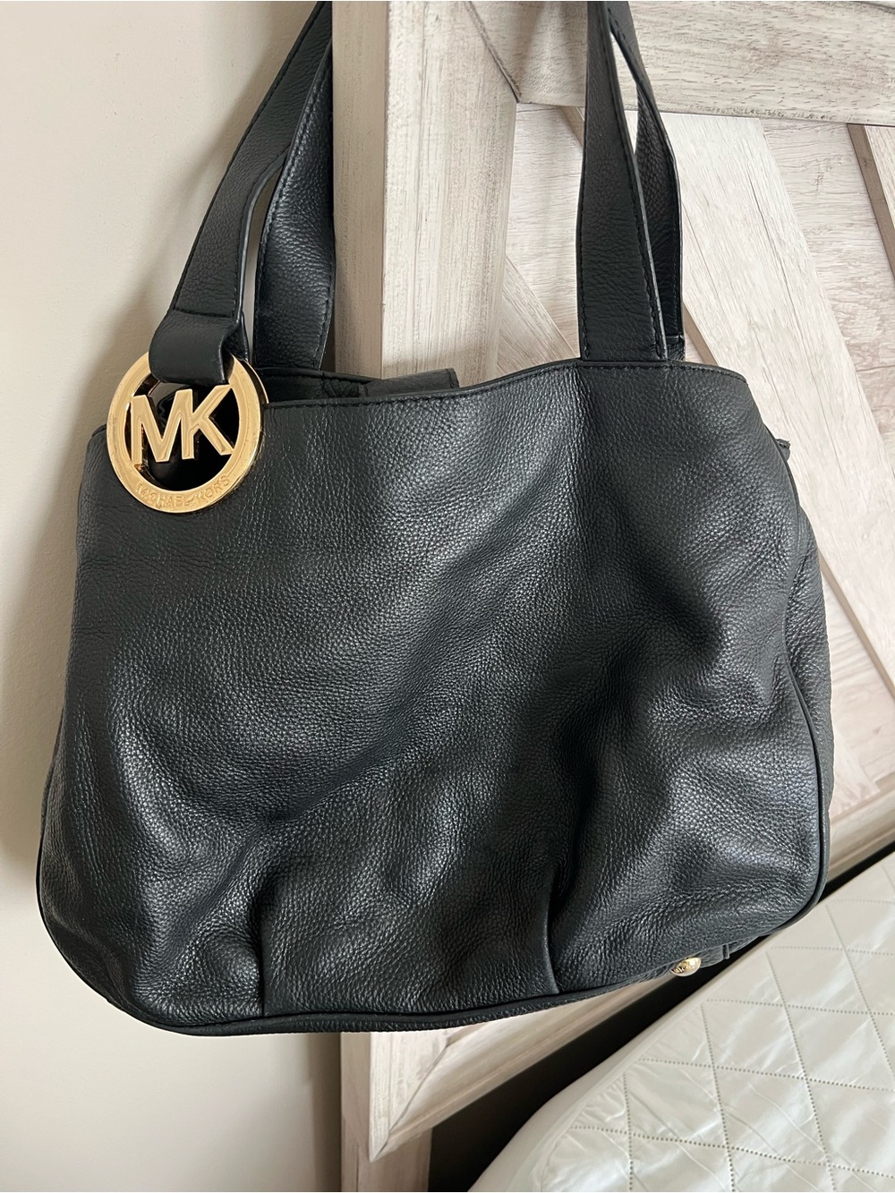 Michael Kors Black Leather Shoulder Bag with Gold MK Pendant